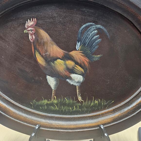 VTG Hand-Painted Primitive Rooster Oval Wood Wall Plaque Tray Platter Folk Art - Picture 4 of 8